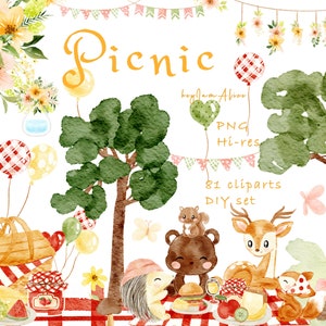 Picknick Waldtier Aquarell Clipart, Wald Baby Kinderzimmer, niedliche Baby Tier Grafik, Kinderzimmer Kunst, Picknick Clipart, Party PNG, Kinderkunst