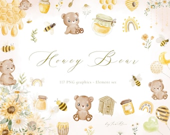 Bee and honey watercolor clipart, honey bear graphic PNG, little animal clipart, mama to be clipart, daisy floral PNG, honey nursery graphic