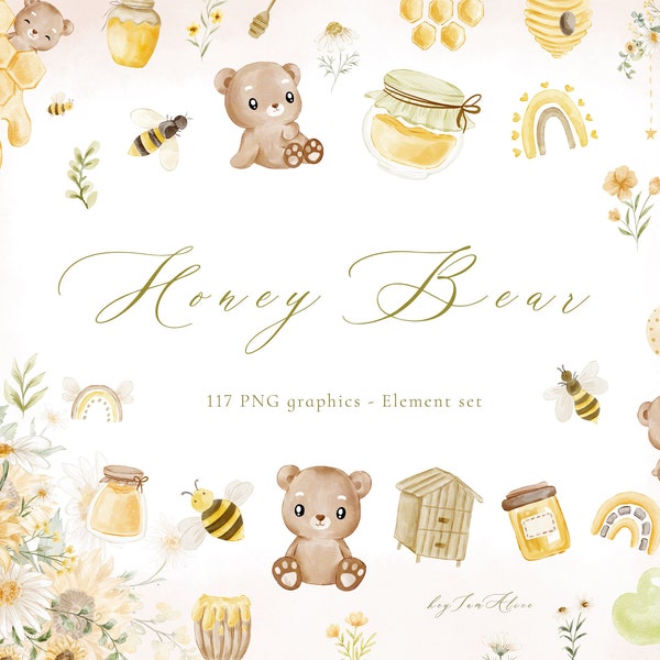 Bee and honey watercolor clipart, honey bear graphic PNG, little animal clipart, mama to be clipart, daisy floral PNG, honey nursery graphic