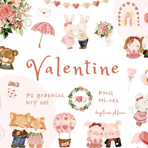 San Valentín acuarela clipart PNG, pareja de animales gráfico PNG, amor romántico clipart, diseño de sublimación PNG, día de San Valentín, imágenes prediseñadas de conejito