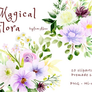 Lila Aquarell Blumen Clipart, lila Blumen Clipart, kostenlose kommerzielle Nutzung, magische Aquarell Blumen, grün Clipart, Hochzeit Clipart