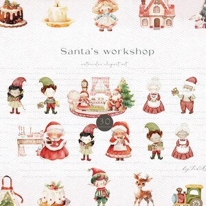 May include: A watercolor illustration set featuring Santa's workshop with elves, reindeer, presents, and other Christmas elements. The set includes 30 individual illustrations, perfect for creating festive designs.
