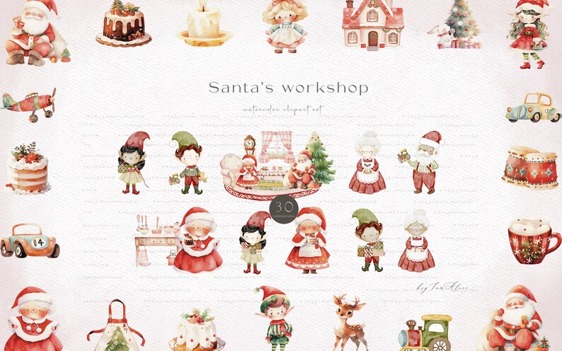 May include: A watercolor illustration set featuring Santa's workshop with elves, reindeer, presents, and other Christmas elements. The set includes 30 individual illustrations, perfect for creating festive designs.