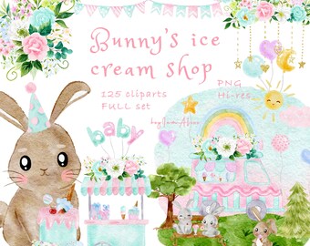 Bunny watercolour clipart, ice cream graphic PNG, baby birthday clipart PNG,  ice cream truck , kid printable, cute bunny rabbit, nursery