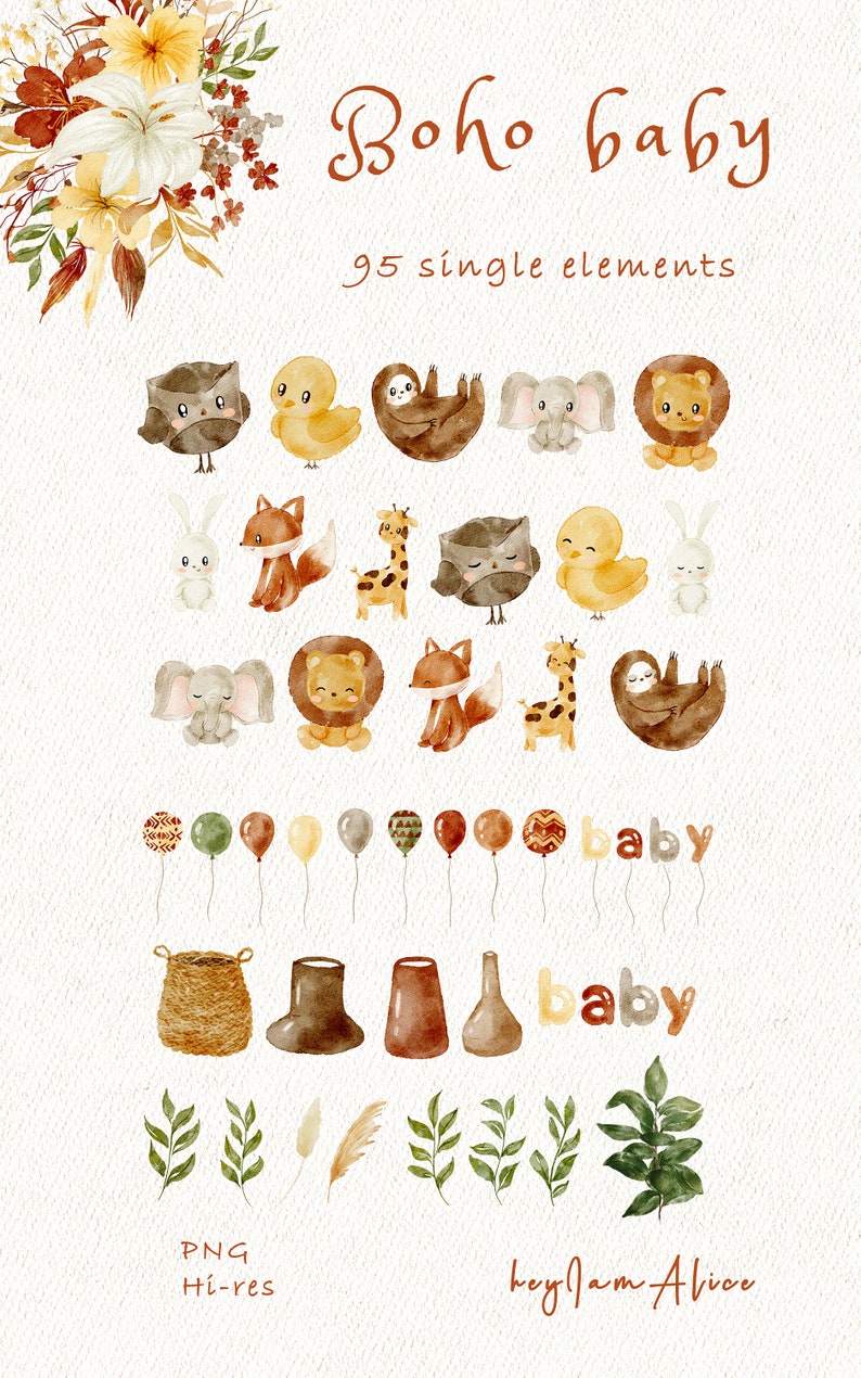 Boho Nursery Clipart, Watercolor Baby Animal Clipart, Newborn Boho Baby ...