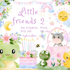 Clipart ad acquerello per piccoli animali, grafica per animali da bambino, PNG per bambini, arte per bambini, piccoli amici, elefantino, coniglietto, orsacchiotto