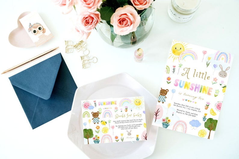 May include: A colorful invitation for a baby's second birthday party. The invitation features a rainbow, a sun, a teddy bear, and the text "A little sunshine is turning two".