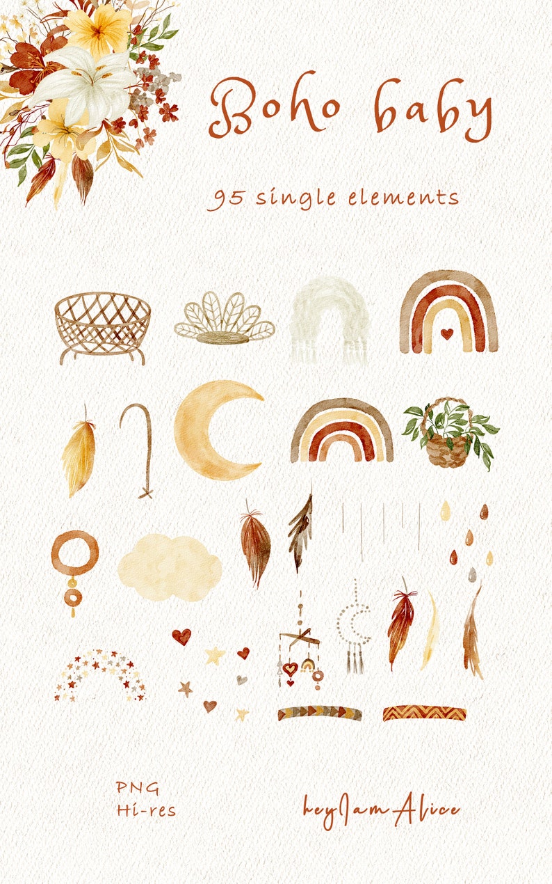 Boho Nursery Clipart, Watercolor Baby Animal Clipart, Newborn Boho Baby ...