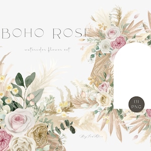 Clipart de grama de pampas de palmeira seca, aquarela de flor rústica Boho, gráfico de rosa elegante, convite de casamento, arquivo png, sublimação para impressão
