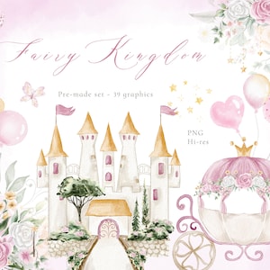 Clipart dell'acquerello della neonata, clipart della piccola principessa, clipart della scuola materna, regno delle fate, castello magico PNG, carrozza rosa, compleanno della principessa