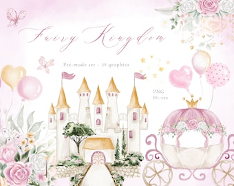 Baby girl watercolor clipart, little princess clipart, nursery clipart, fairy kingdom, magical castle PNG, pink carriage, princess birthday