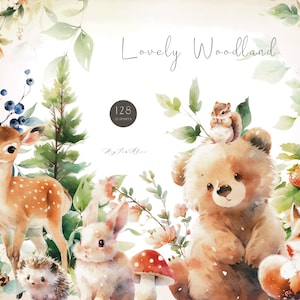 Wald niedliche Tier Aquarell Clipart, Wald Baby Kindergarten, entzückende Grafik für Kind, Kinderzimmer Kunst, Sublimation PNG, Bär, Hase, Fuchs, Baum