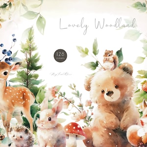 Woodland cute animal watercolor clipart, forest baby nursery, adorable graphic for kid, nursery art, sublimation PNG, bear, bunny, fox, tree