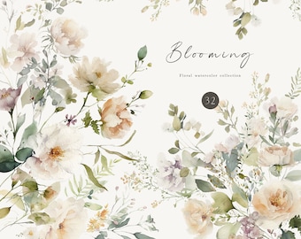 May include: A watercolor illustration of a floral bouquet with white, peach, and light purple flowers and green leaves. The text "Blooming" and "Floral watercolor collection" is written in black cursive font. The number "32" is written in a circle.