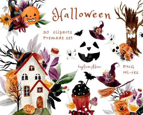Halloween clipart, watercolor happy halloween, spooky clipart, trick or treat, pumpkin PNG, Jack O Lantern, Skull clipart, Owl clipart