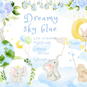 Clipart elefantino, clipart acquerello coniglietto, piccolo animale PNG, arte della scuola materna del bambino, grafica del palloncino con stella luna, PNG neonato blu