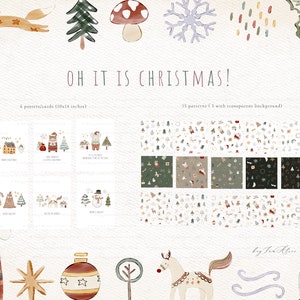 May include: A set of watercolor illustrations featuring Christmas themes. The illustrations include a snowman, a reindeer, a house, a bird, a bear, a tree, a star, a mushroom, a snowflake, a gift, a candle, and a horse. The illustrations are in a whimsical style and are perfect for adding a touch of holiday cheer to your projects.