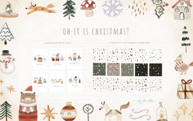 May include: A set of watercolor illustrations featuring Christmas themes. The illustrations include a snowman, a reindeer, a house, a bird, a bear, a tree, a star, a mushroom, a snowflake, a gift, a candle, and a horse. The illustrations are in a whimsical style and are perfect for adding a touch of holiday cheer to your projects.