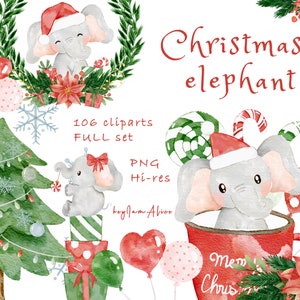 Baby Elefant Weihnachten Clipart PNG, Urlaub Aquarell Elefant PNG, Safari Dschungel Tier Clipart, xmas Elefant Sublimation Design PNG