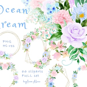 Rosa ROSE Blumen Aquarell Clipart, blaue Blumen PNG, lila Blumen Grafiken, Hochzeit Clipart, Kinderzimmer Clipart PNG, blush floral gold Rahmen
