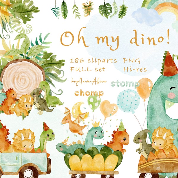 Baby Dinosaurs Watercolour Clipart, Cute Dinosaurs, Dino Decor, Dinosaur birthday Invitation, baby Dinosaur PNG, T rex, tyrannosaurus PNG