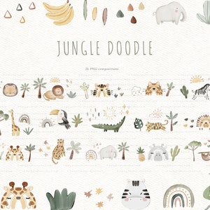 May include: A set of 26 watercolor illustrations featuring jungle animals, plants, and objects. The illustrations include a lion, giraffe, zebra, tiger, toucan, elephant, and more. The illustrations are perfect for creating invitations, cards, and other crafts.