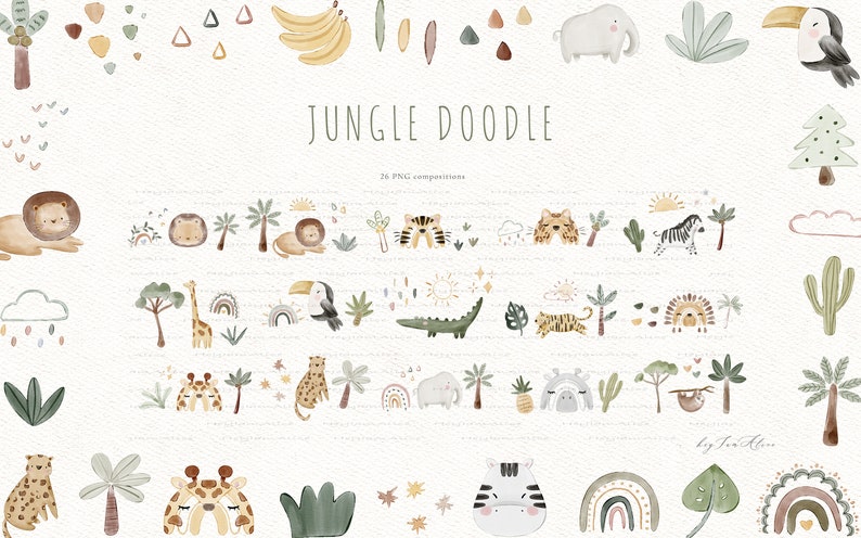 May include: A set of 26 watercolor illustrations featuring jungle animals, plants, and objects. The illustrations include a lion, giraffe, zebra, tiger, toucan, elephant, and more. The illustrations are perfect for creating invitations, cards, and other crafts.