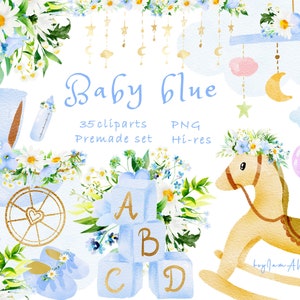 Baby blauwe clipart, blauwe aquarel pasgeboren PNG, GRATIS COMMERCIEEL gebruik, blauwe kwekerij clipart, Kid kamer clipart PNG, baby meisje PNG, baby jongen PNG
