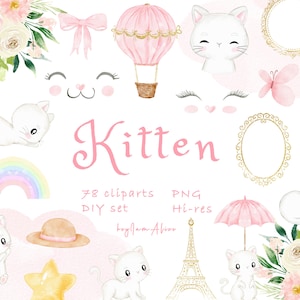 Bébé chat aquarelle clipart, chaton graphique PNG, chat mignon, petite princesse clipart, clipart pépinière, baby shower graphique, enfant bébé minou PNG