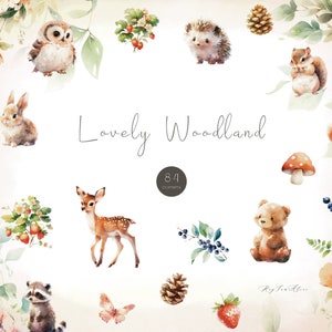 Wald niedliche Tier Aquarell Clipart, Wald Baby Kindergarten, entzückende Grafik für Kind, Kinderzimmer Kunst, Sublimation PNG, Bär, Hase, Fuchs, Baum