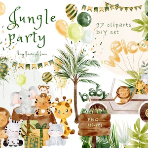 Dschungel Aquarell Tier Clipart, Dschungel Kindergarten, Dschungel Baby-Dusche, Safari Tier Grafik PNG, Baby Elefant, Baby Löwe, Baby Giraffe PNG