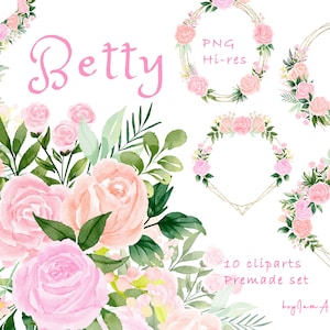 Perzik roze aquarel bloem clipart, GRATIS COMMERCIEEL gebruik, groen clipart, gebladerte clipart, gouden frame png, perzikkleurige bloemen PNG, blozen roze