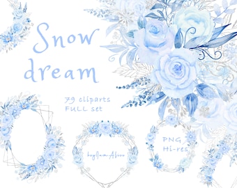 Blue Floral watercolour clipart, winter flower PNG, blue snow clipart, wedding invitation graphic, blue watercolour flower, ice snow floral