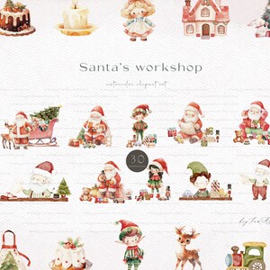May include: A watercolor clipart set featuring Santa Claus, elves, reindeer, and other Christmas-themed illustrations. The set includes 30 images, perfect for creating festive designs.
