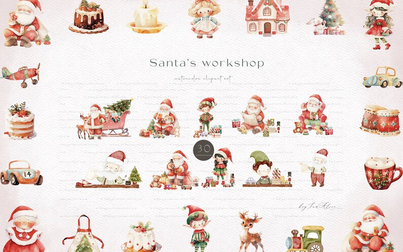 May include: A watercolor clipart set featuring Santa Claus, elves, reindeer, and other Christmas-themed illustrations. The set includes 30 images, perfect for creating festive designs.