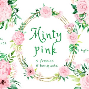 Pink mint watercolor flower clipart, pink floral png, FREE COMMERCIAL use, wedding clipart, nursery clipart, mint flower png, diy