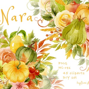 Aquarelle automne floral PNG, citrouille clipart, invitation de fleur d'automne, graphique numérique PNG, thanksgiving floral, pomme automne clipart PNG