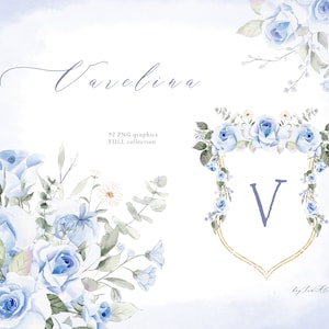 Blaue ROSE Blume Aquarell Clipart, blaue Blumen PNG, Aquarell Blumenstrauß png, Hochzeit Clipart, Kinderzimmer Clipart, blaue Blumen Gold Rahmen