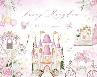 Baby girl watercolor clipart, little princess clipart, nursery clipart, fairy kingdom, magical castle PNG, pink carriage, princess birthday
