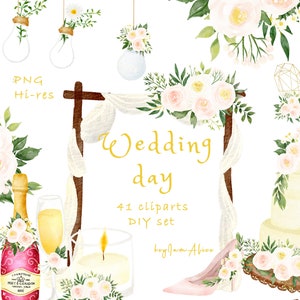 Wedding Day Watercolor Clip Art,  FREE COMMERCIAL use, Wedding Clipart png, Wedding Cake png, Watercolor Flowers, wedding Floral Clipart png
