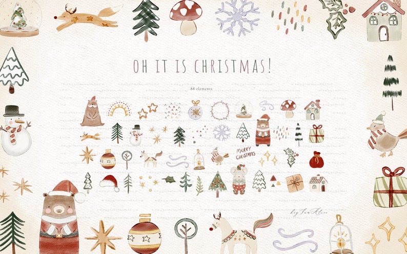 May include: A set of 68 watercolor Christmas illustrations featuring a variety of festive elements, including a bear wearing a Santa hat, a reindeer, a snowman, a bird, a Christmas tree, a house, a mushroom, a star, a snowflake, a gift, and a wreath. The text "OH IT IS CHRISTMAS!" is written in the center of the image.