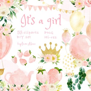 It&#39;s a girl watercolor clipart, gender reveal clipart, nursery clipart, free commercial use, baby shower graphics, balloon clipart, newborn