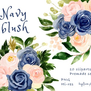 Navy blush flower watercolor clipart, FREE COMMERCIAL use, pink floral clipart PNG, navy flower rose clipart, wedding clipart graphics png