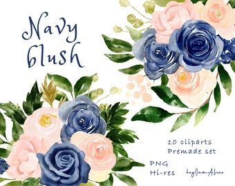 Navy blush flower watercolor clipart, FREE COMMERCIAL use, pink floral clipart PNG, navy flower rose clipart, wedding clipart graphics png