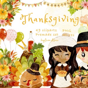 clipart aquarela de ação de graças PNG, gráfico de peru de férias, cornucópia, clipart de torta de maçã, clipart de outono, colheita de outono, bebê digital PNG