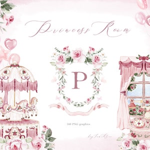 Clipart acquerello bambina, clipart piccola principessa, regno delle fate, castello magico PNG, carrozza rosa, giostra della principessa, sublimazione PNG