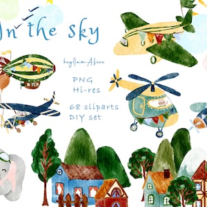 Watercolor baby boy airplane clipart, animal clipart, FREE COMMERCIAL use, boy toy PNG, baby pilot ,helicopter air transport, adventure png