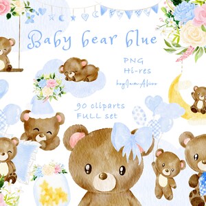 Clipart orsetto bambino, orsacchiotto acquerello blu PNG, uso COMMERCIALE GRATUITO, clipart animali del bosco per bambini, arte della scuola materna, clipart bambina png