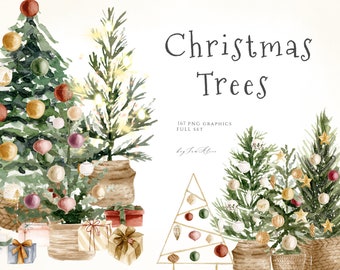 Christmas trees watercolor Clipart png, merry X-mas clipart, Santa Claus Clipart, Holiday Festive Noel png, Christmas sublimation design PNG