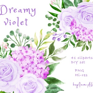 Clipart di fiori ad acquerello viola viola, png floreale viola, uso COMMERCIALE GRATUITO, clipart di matrimonio, clipart di vivaio, png di fiori viola, fai da te